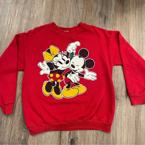 Vtg Disney Mickey Minnie Mistletoe Christmas Sweatshirt Kid Large 14-16 Red - Picture 1 of 6